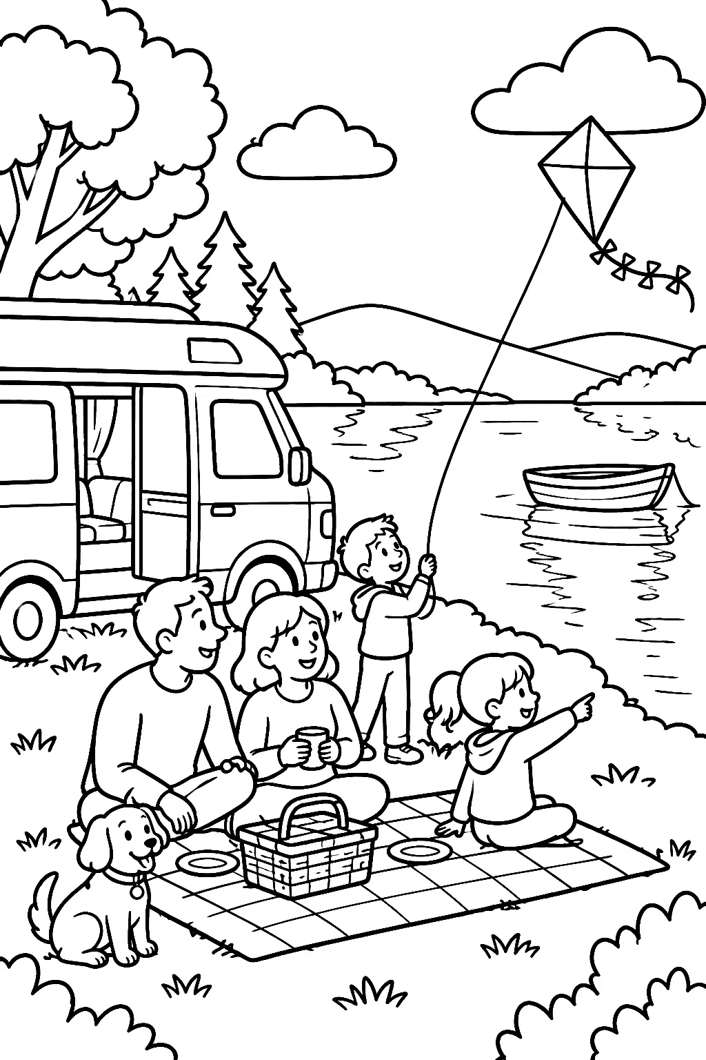 Wohnmobil am See mit fröhlicher Familie