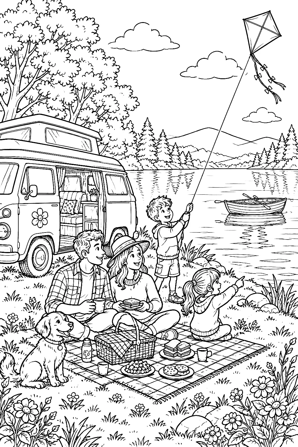 Detailliertes Wohnmobil am See mit Picknick