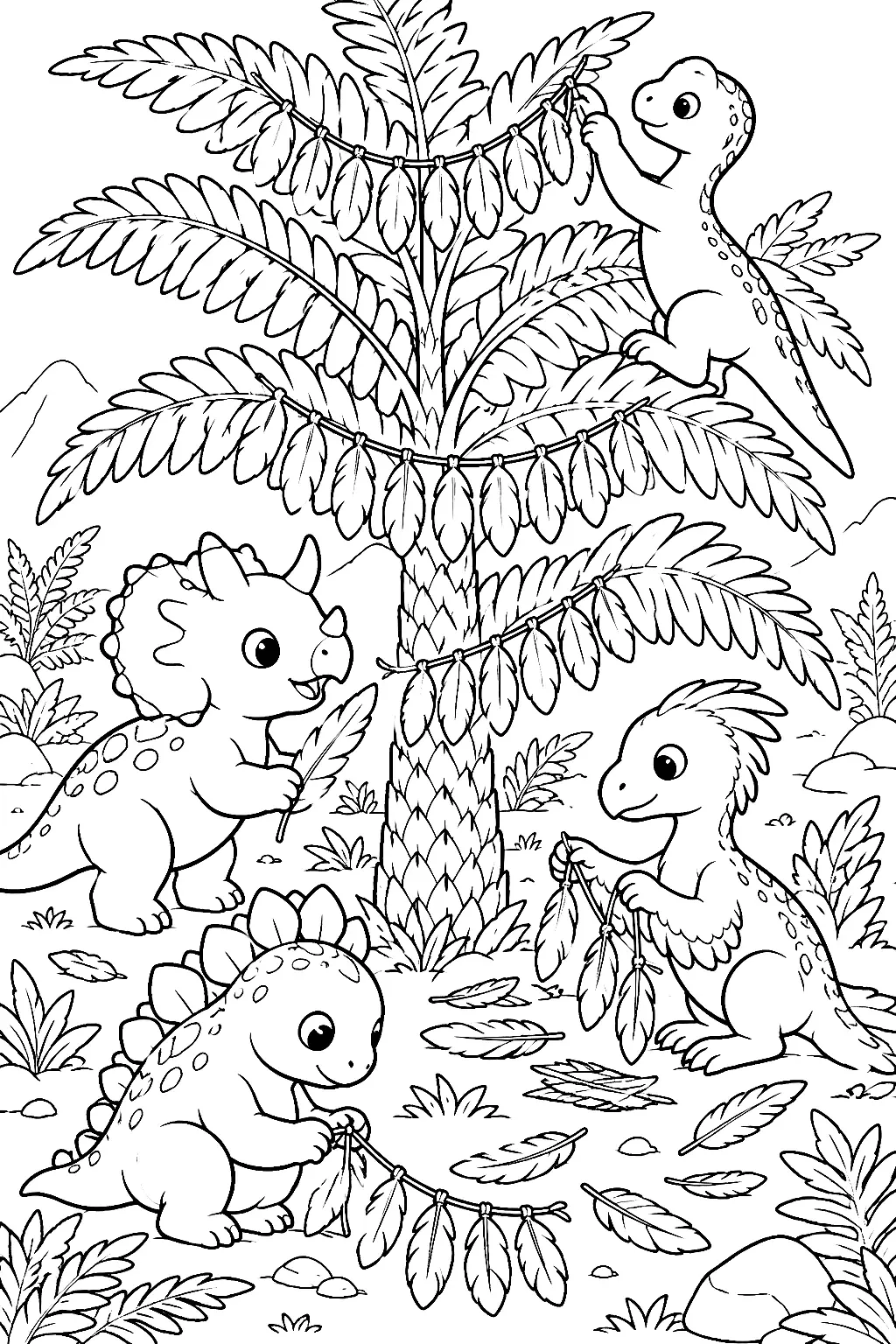 Dino-Babys flechten viele Federketten am großen Farn