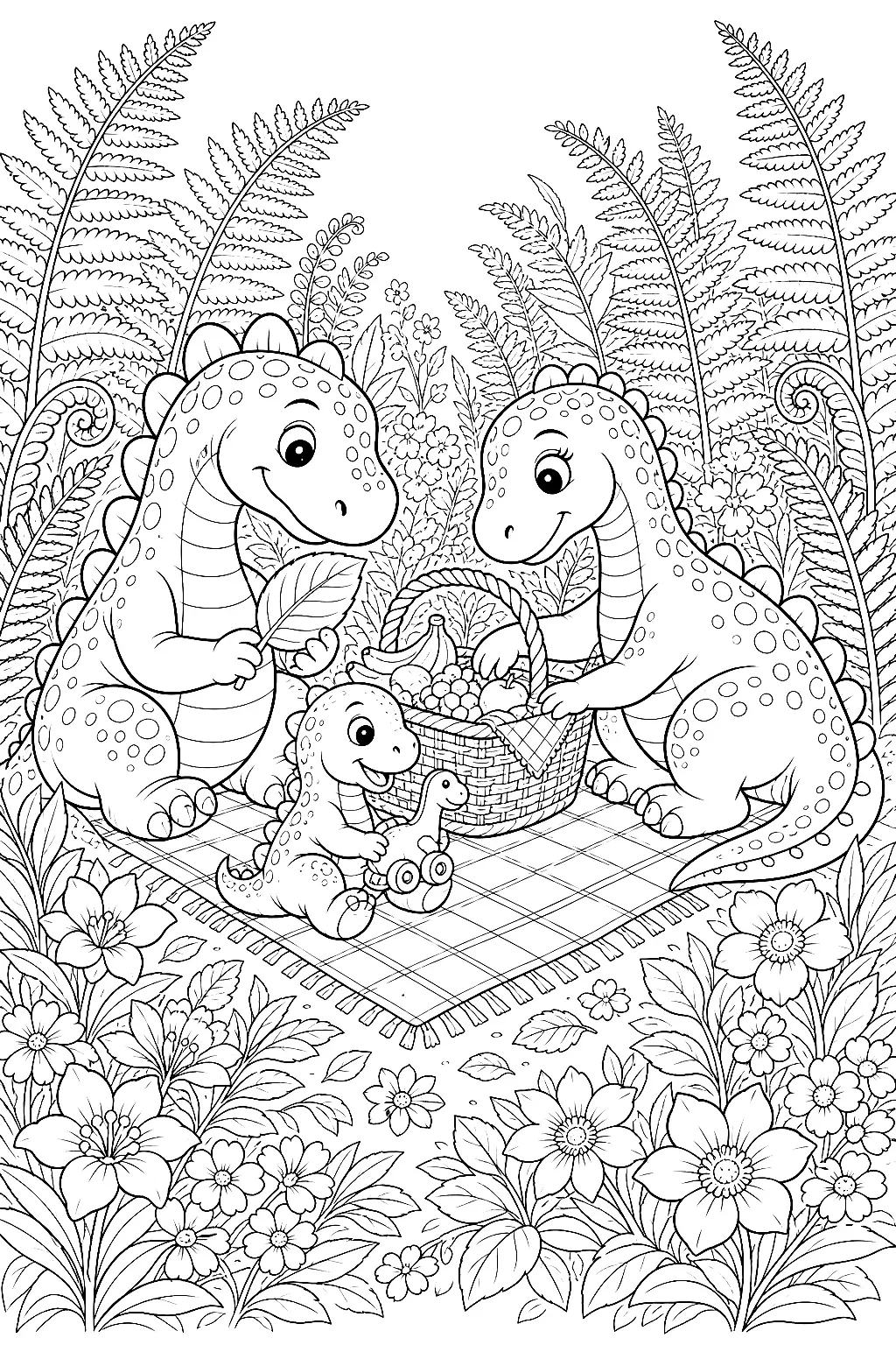 Dino-Familie mit vielen Details zwischen Farnen und Blumen