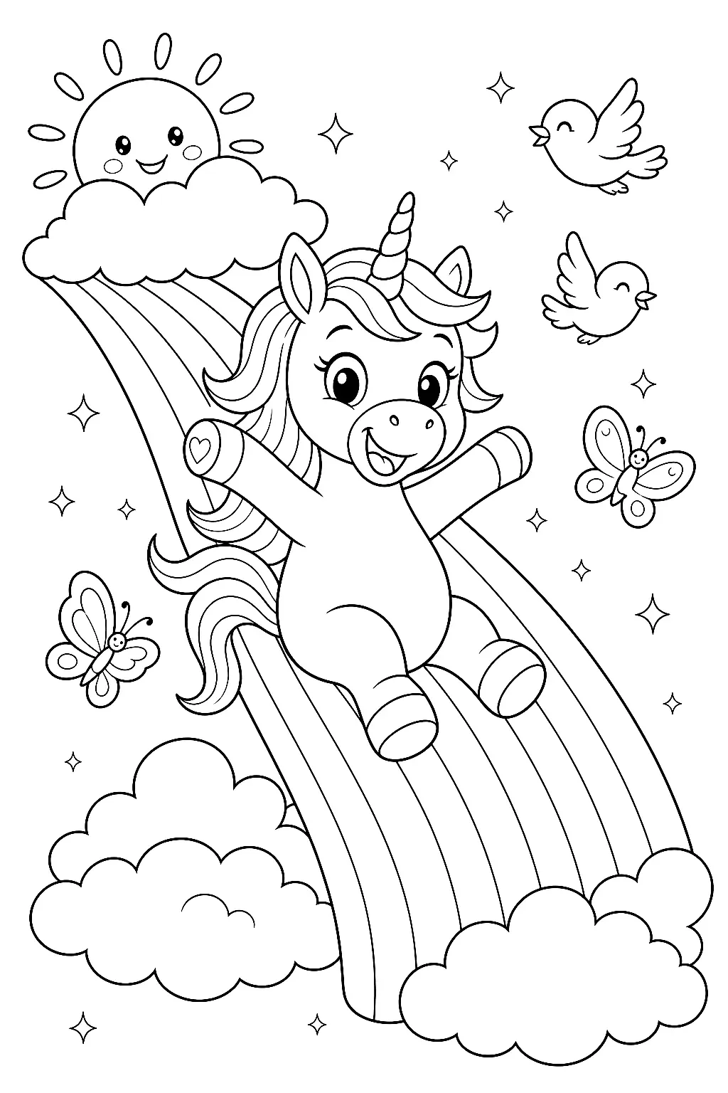 Einhorn gleitet lachend den Regenbogen hinunter