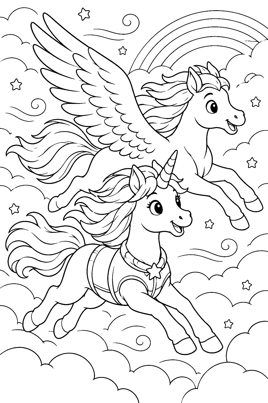 Einhorn und Pegasus im freundlichen Wolkenrennen