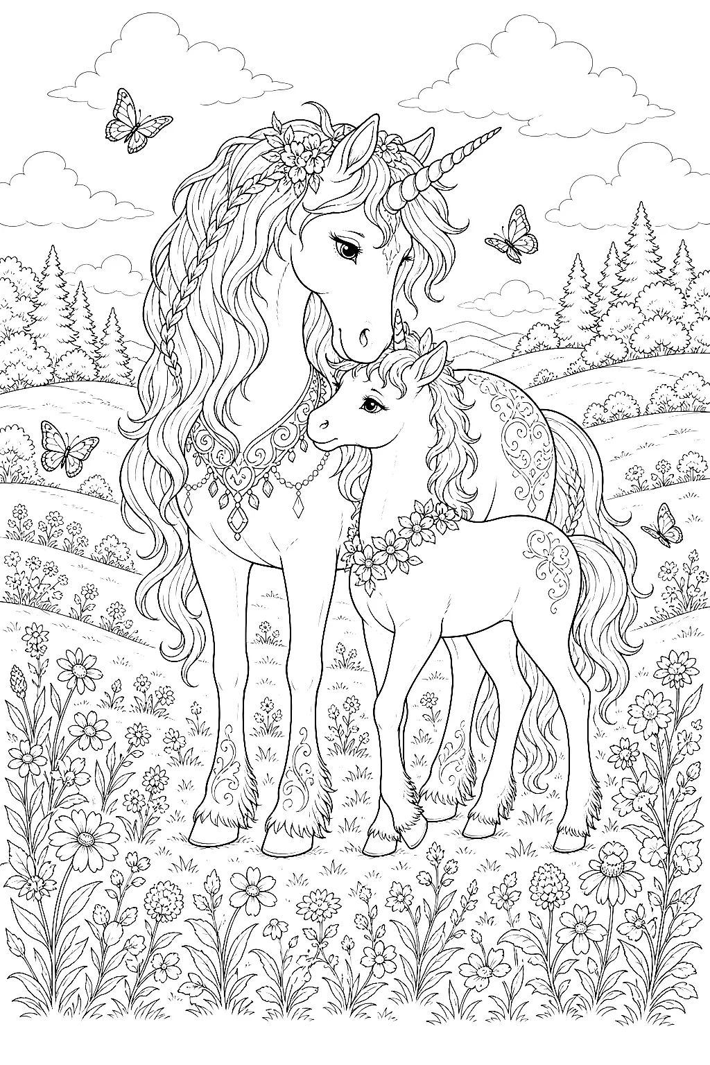 Einhornmama umarmt ihr Fohlen mit vielen kleinen Details