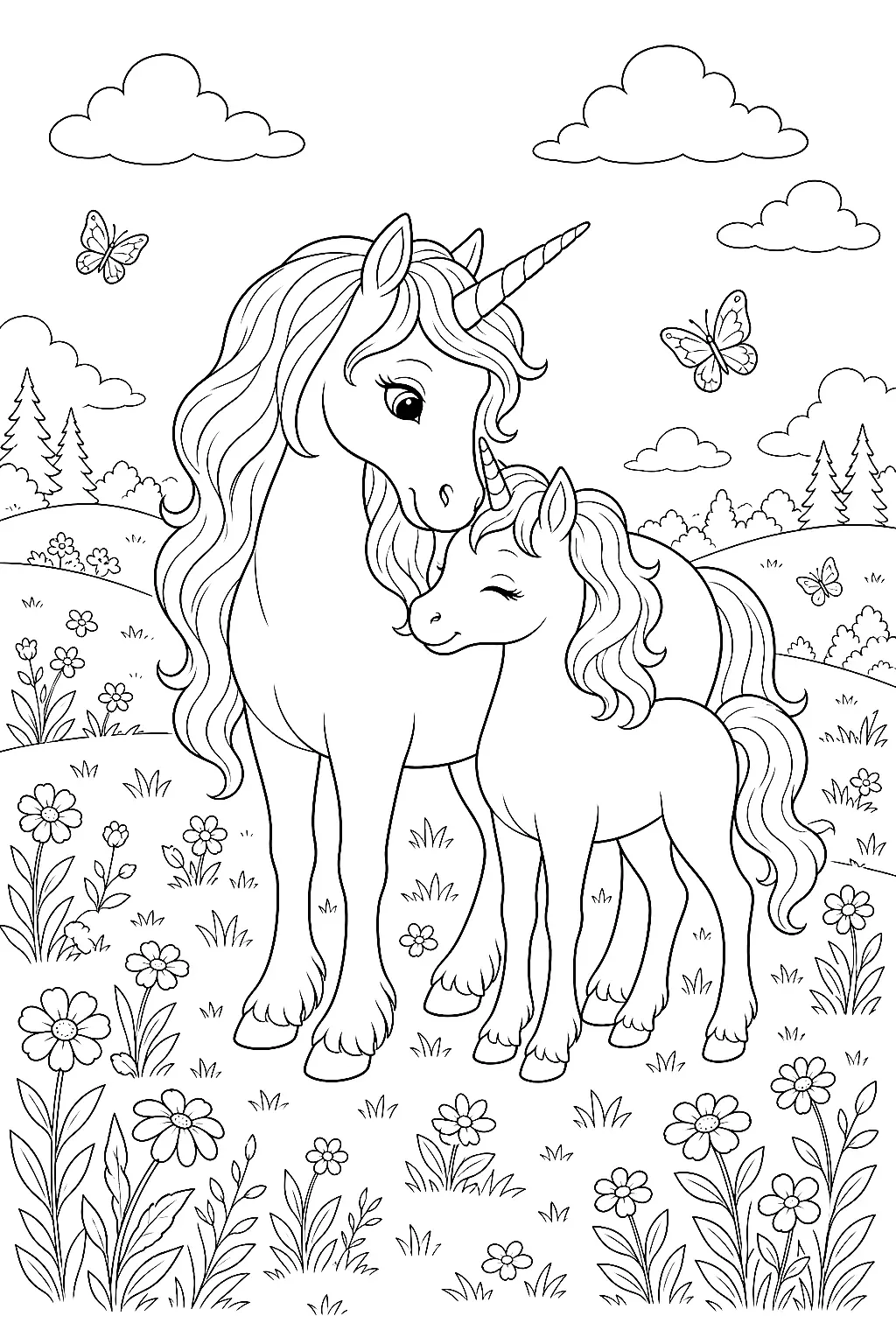 Einhornmama drückt ihr Fohlen liebevoll an sich