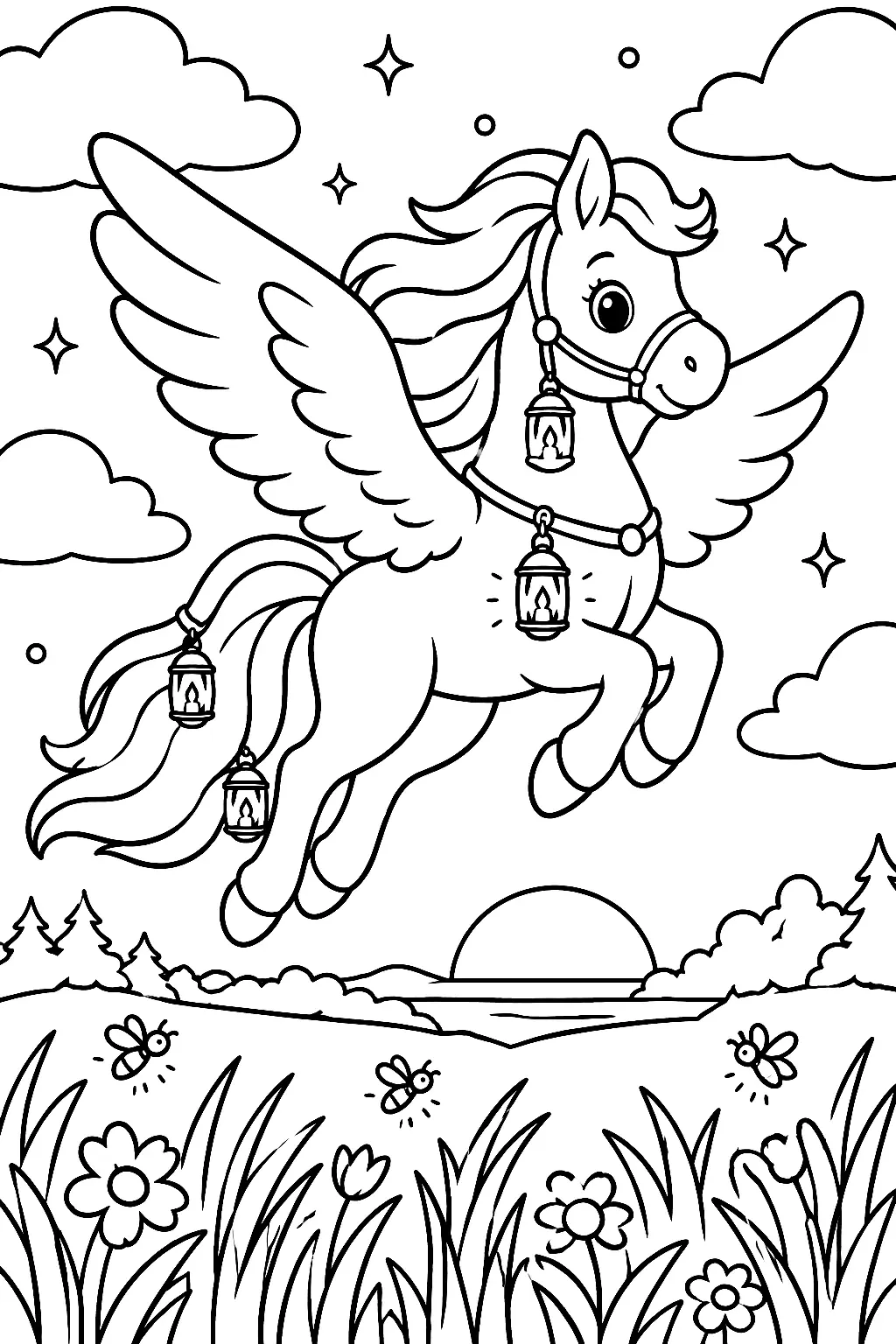 Pegasus mit Laternen über Sommerwiese