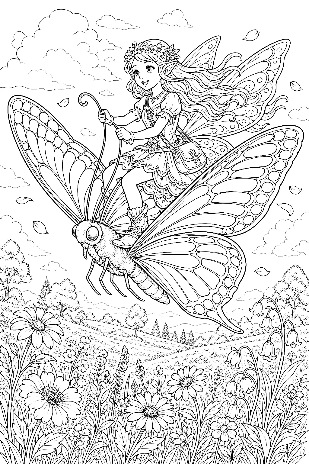 Fein verzierte Elfe reitet schillernden Schmetterling am Himmel