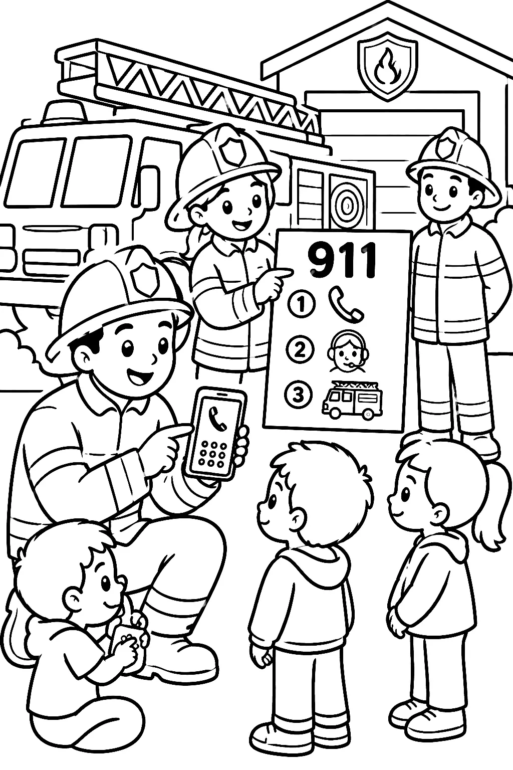 Feuerwehrleute zeigen Notruf am Telefon