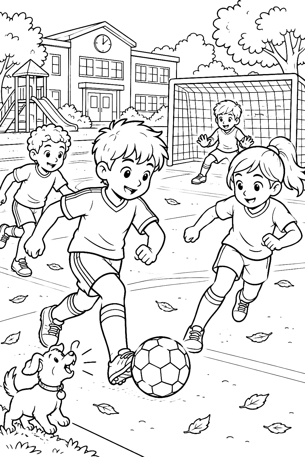Freunde kicken Fußball vor der Schule