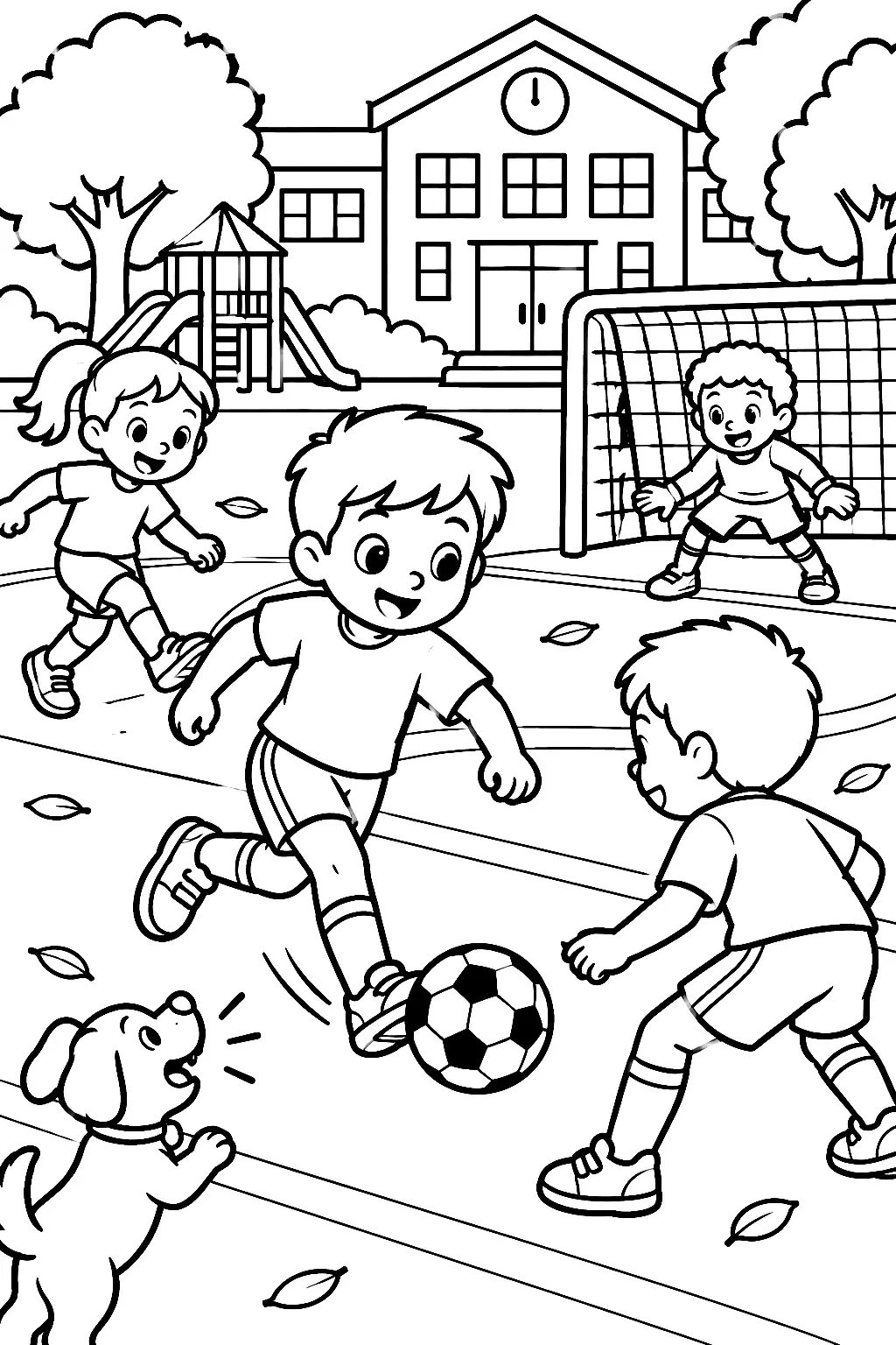 Kinder spielen Fußball auf dem Schulhof
