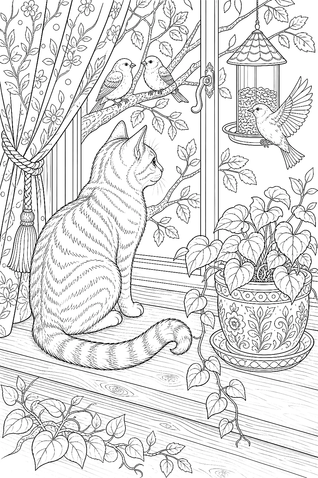 Sehr detaillierte Katze auf Fensterbank mit Vögeln