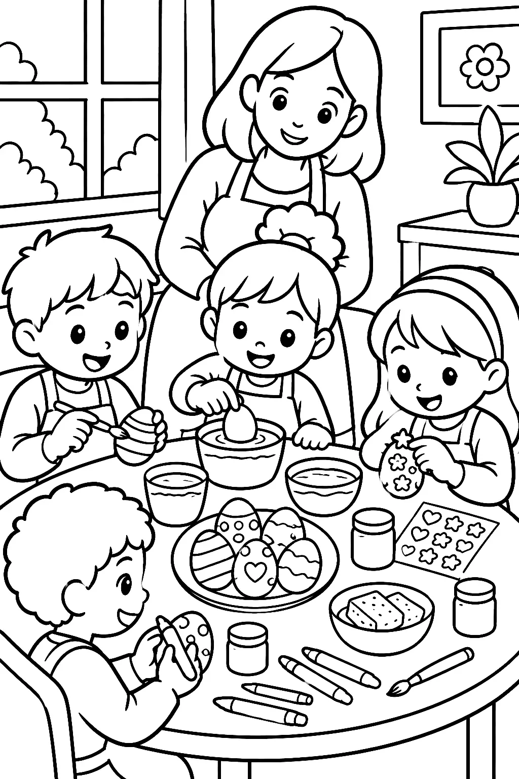 Kinder im Kreis bemalen große Eier