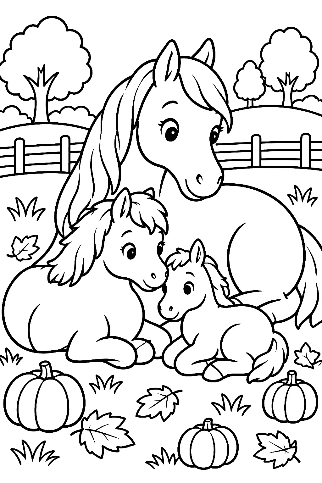 Mutterpferd, Pony und Fohlen auf Wiese