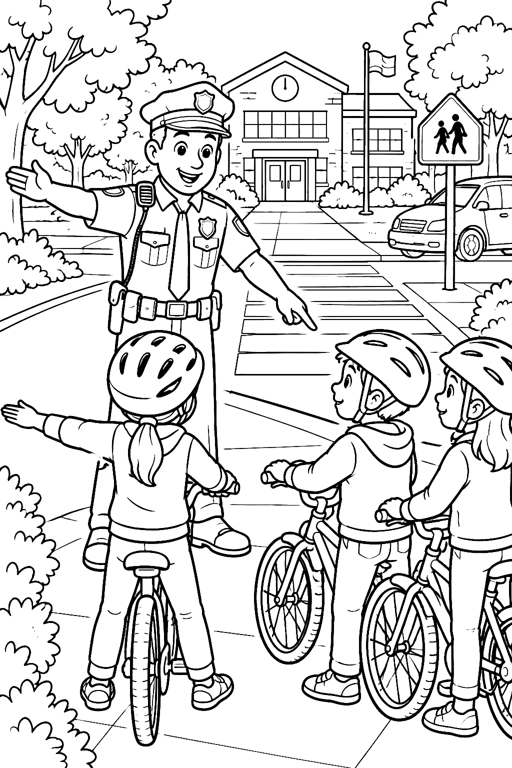 Polizist erklärt Kindern sicheres Fahrradfahren an Schule