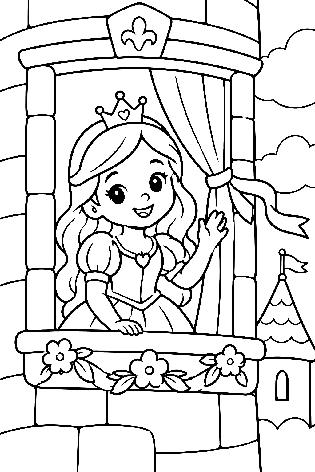 Prinzessin winkt aus hohem Turmfenster