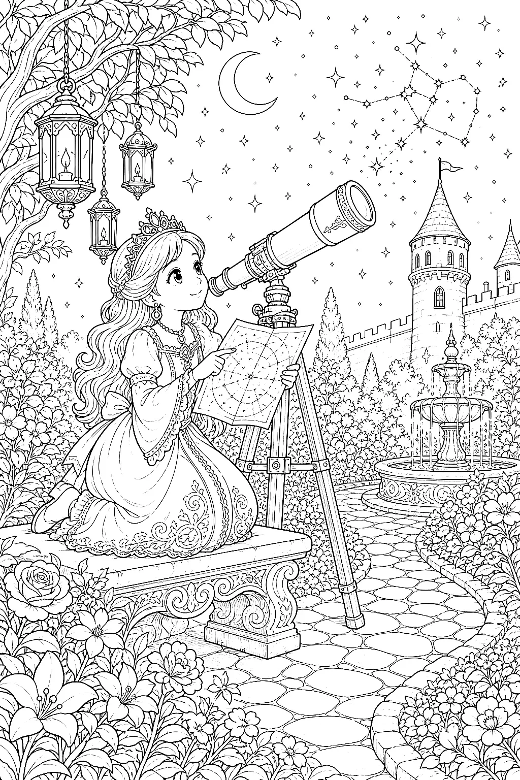 Prinzessin mit Sternenkarte und detailreichem Teleskop