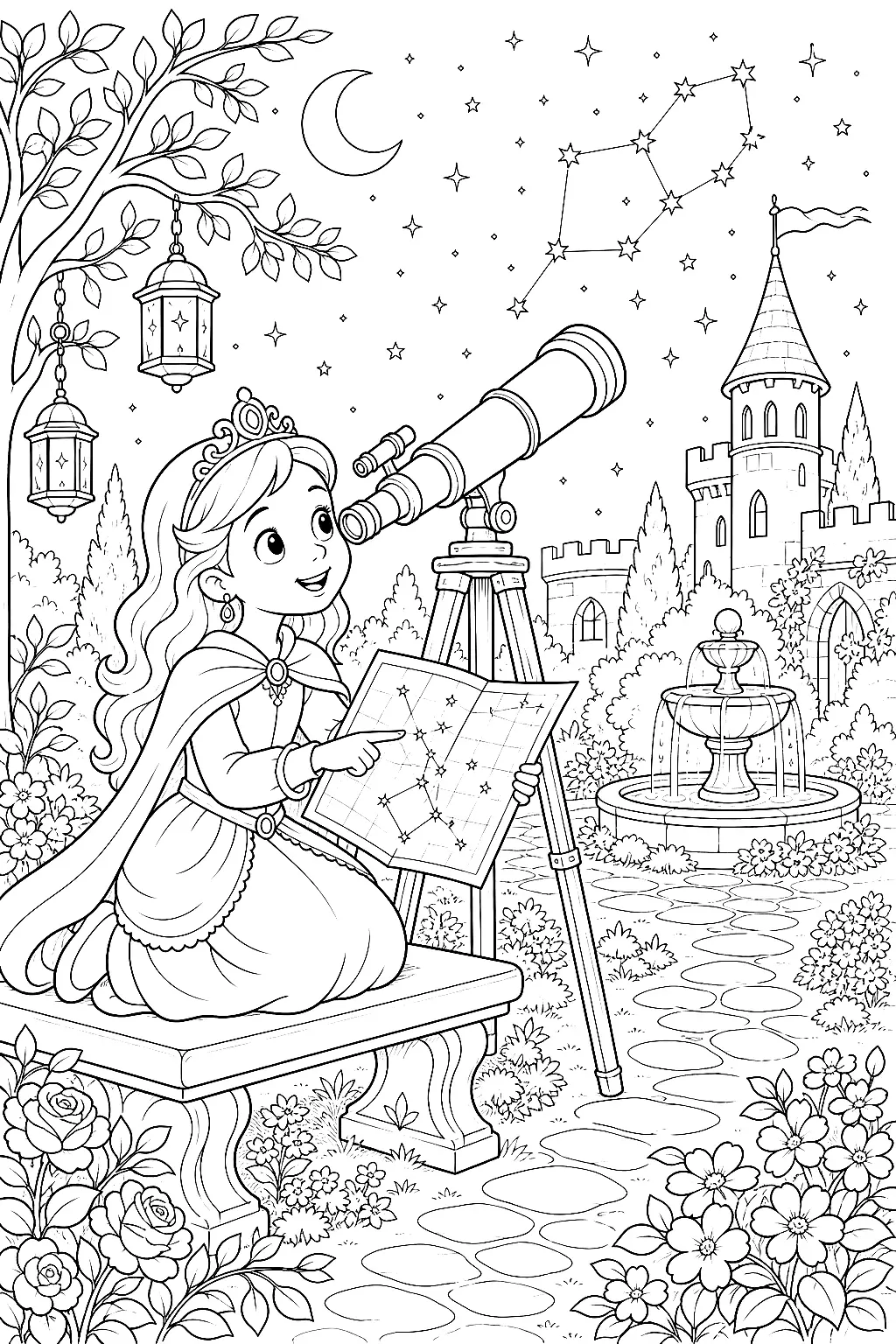 Prinzessin studiert Sternenkarte am Teleskop im Schlossgarten