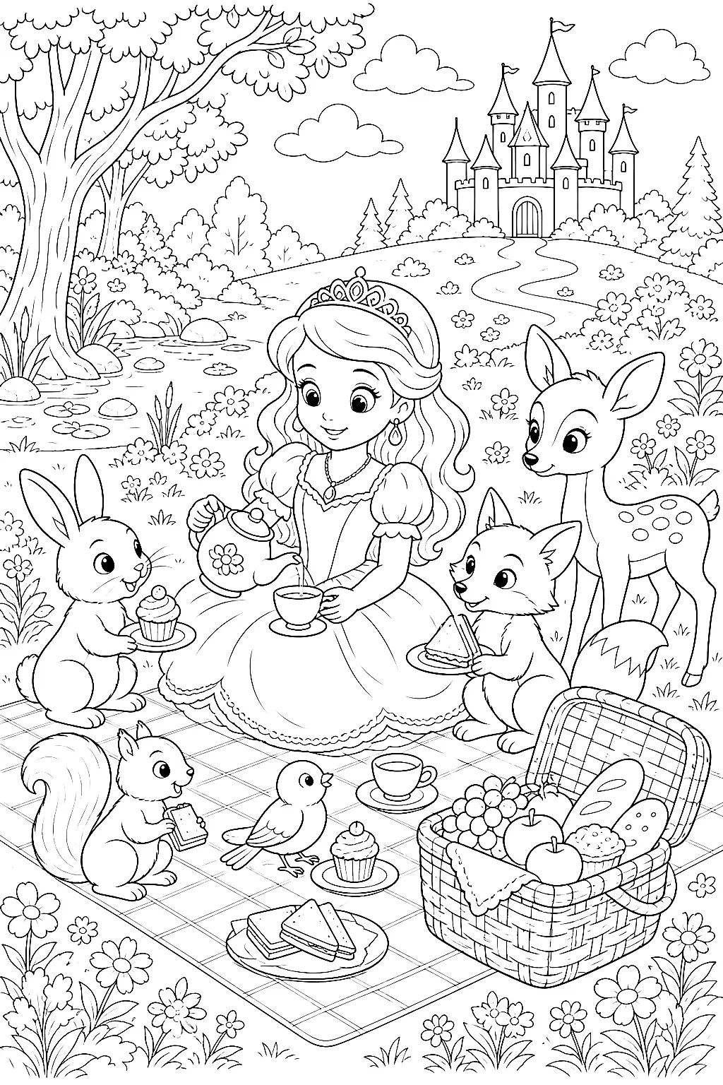 Prinzessin teilt Picknick mit vielen Tierfreunden
