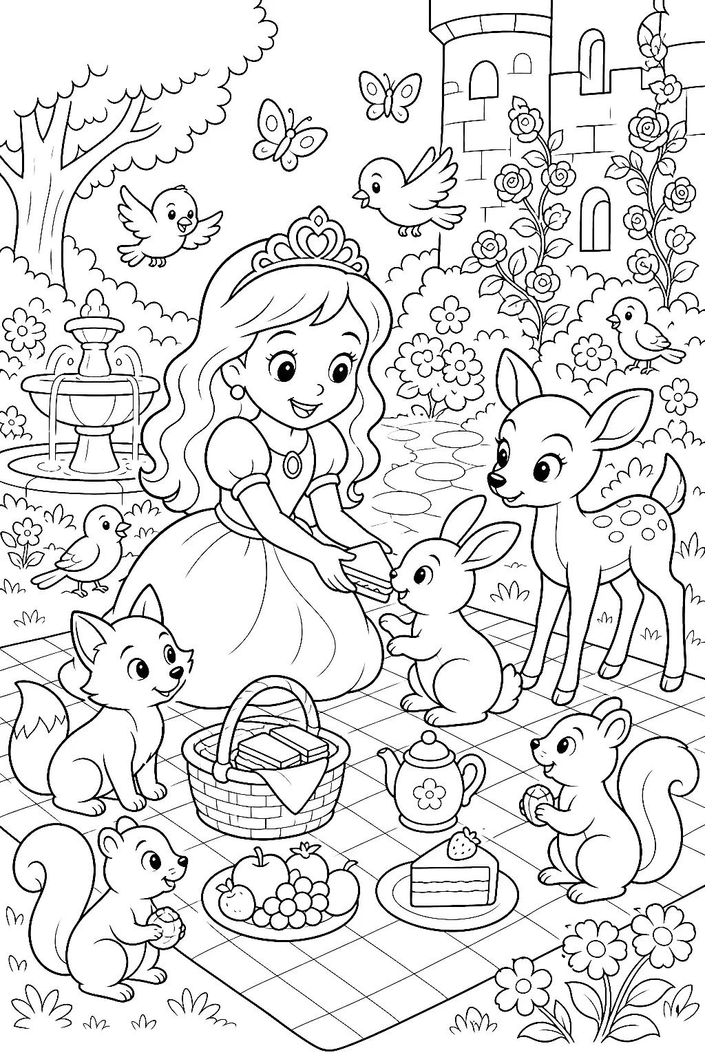 Prinzessin beim einfachen Picknick mit Tieren