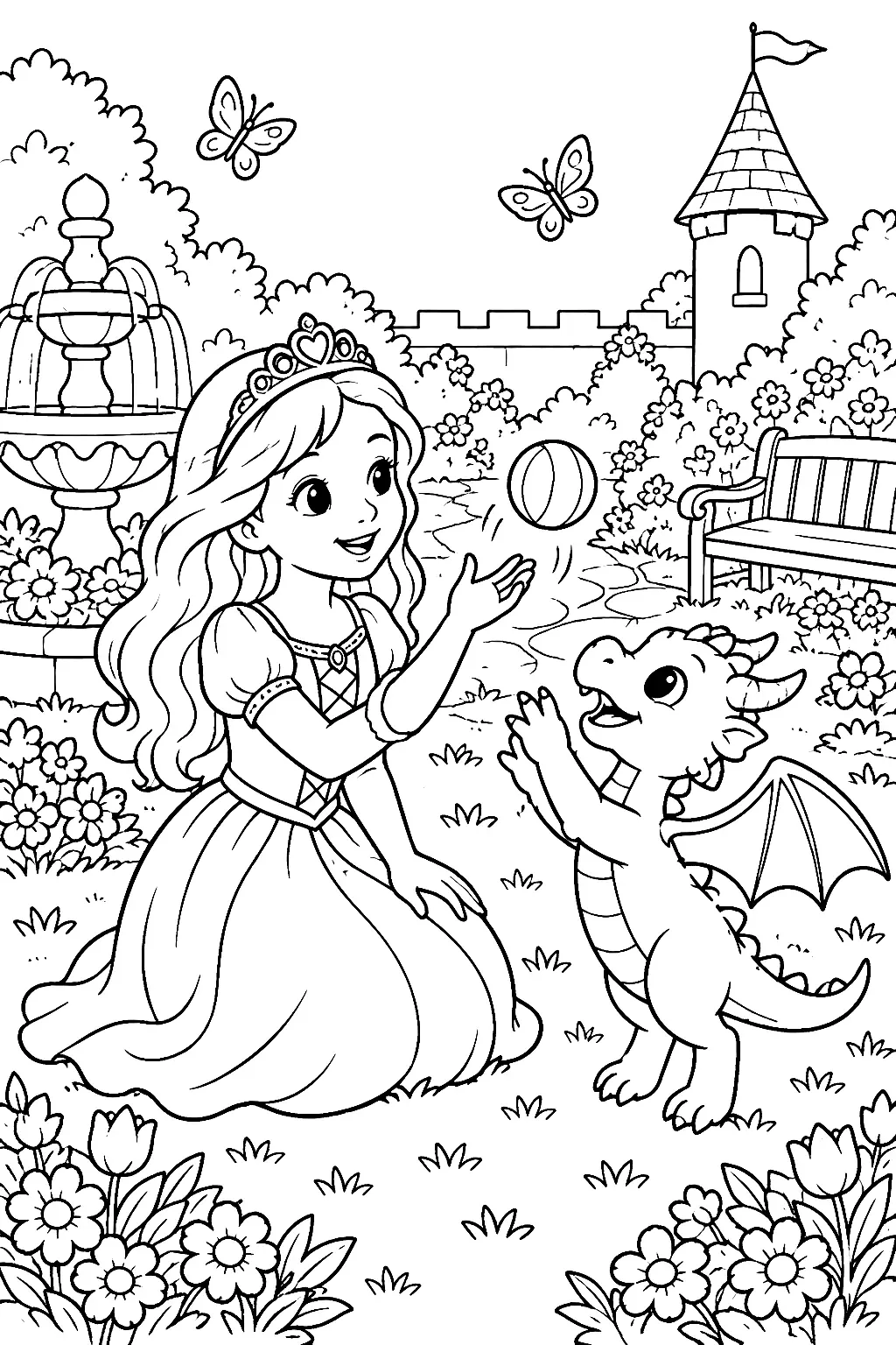 Prinzessin und kleiner Drache im Garten