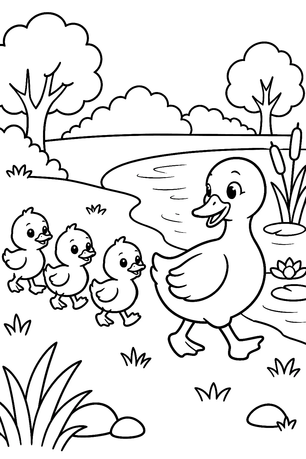 Drei Entenküken folgen Mama zum Teich