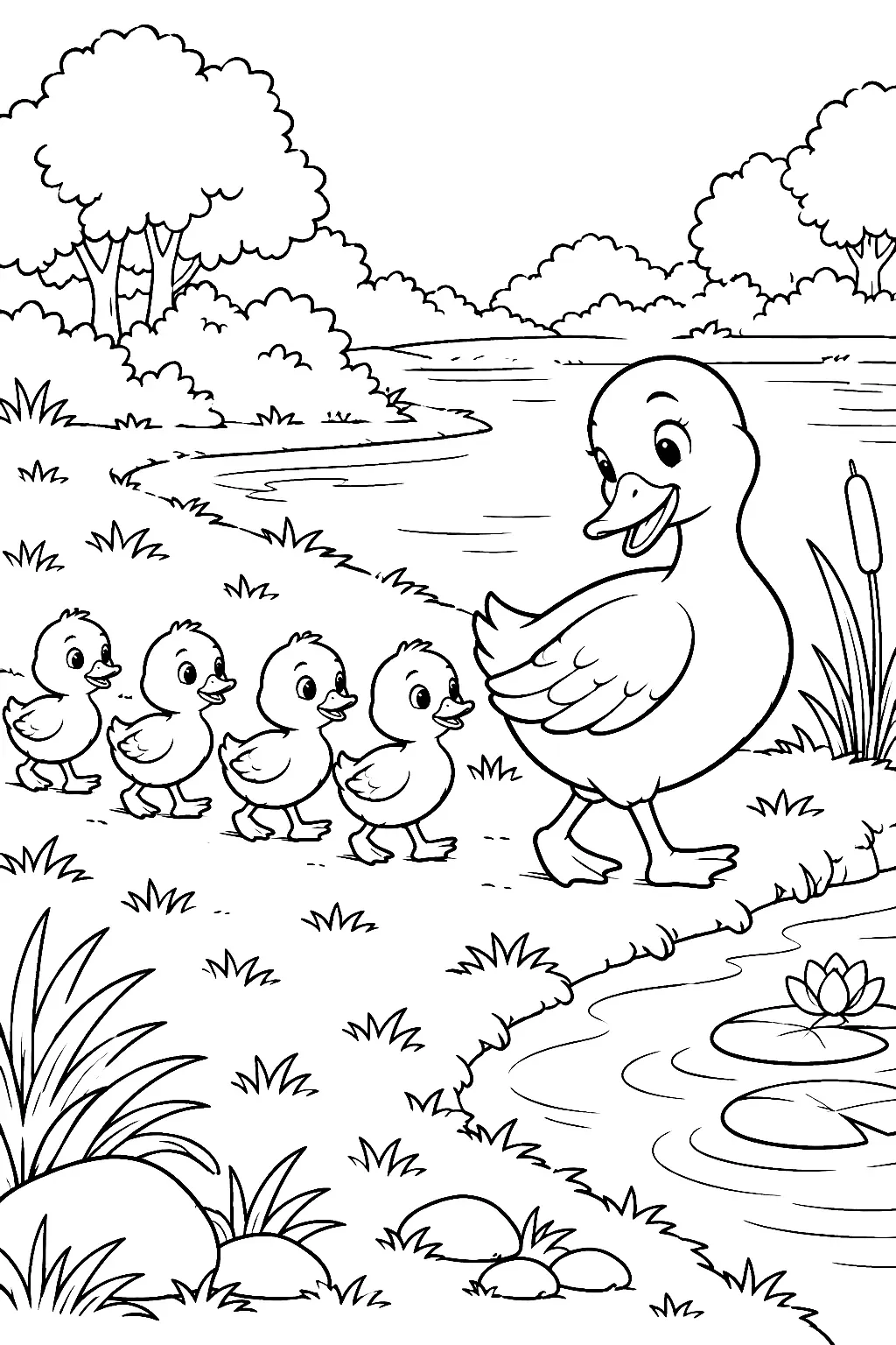 Fünf Entenküken in einer Reihe zum Teich