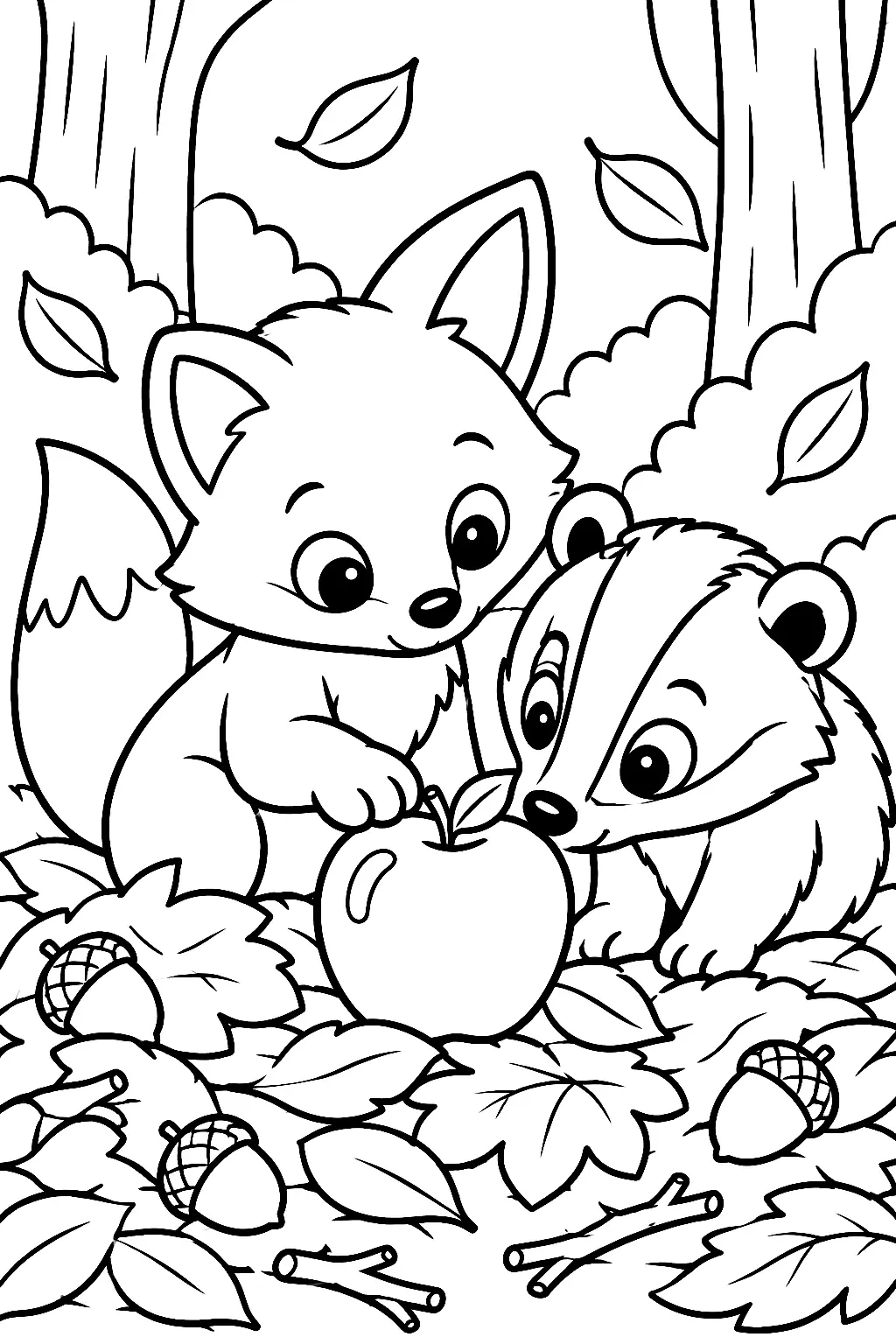 Fuchsbaby und Dachs teilen Apfel im Laub