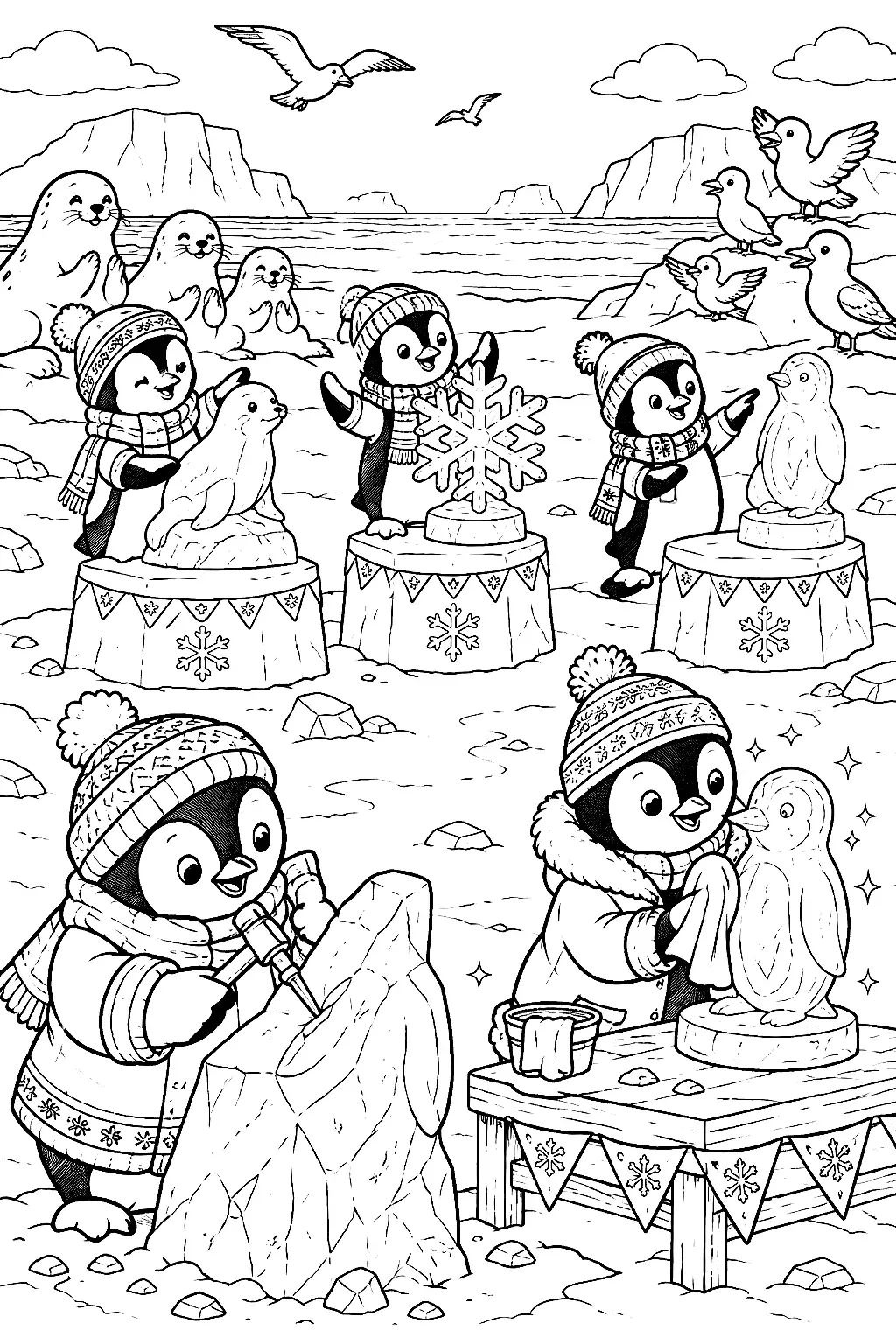 Viele Pinguine mit detailreichen Eisskulpturen und Publikum