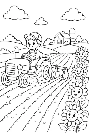 Kleiner Traktor pflügt einfache Felder, Sonnenblumen am Rand.