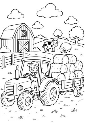 Ein großer Traktor zieht einen vollen Heuwagen über ein Feld.