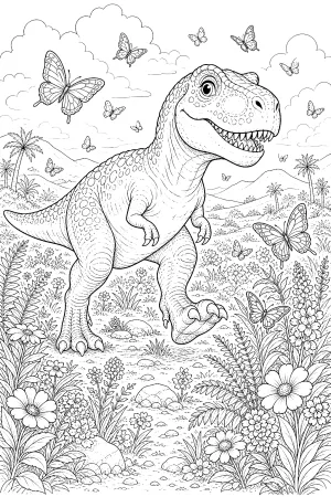 Detailreicher T-Rex auf einer dicht blühenden Urzeitwiese voller Schmetterlinge und Gräser.