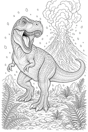 Detaillierter T-Rex brüllt, Lava sprüht aus dem Vulkan im Hintergrund.