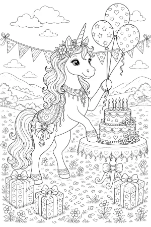 Einhorn vor großer, reich verzierter Torte und vielen Luftballons.