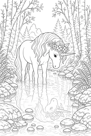 Ein Einhorn mit Blumenkranz kühlt sich im klaren Waldbach.
