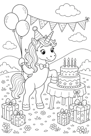 Einhorn mit Geburtstagskuchen, drei schwebenden Luftballons und Girlande.