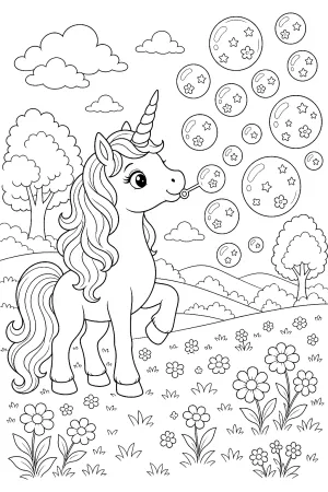 Einhorn pustet mittlere Seifenblasen, in denen kleine Sterne und Blumen schweben.