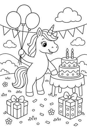 Einhorn steht neben einfacher Torte und zwei Luftballons.