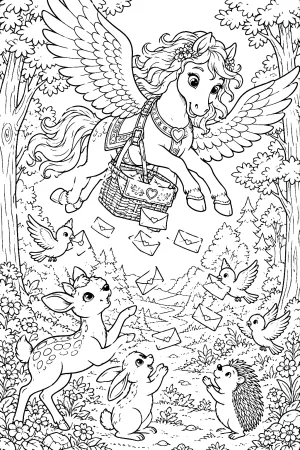 Fliegender Pegasus wirft viele Briefe aus detailliertem Postkorb zu verschiedenen Waldbewohnern.