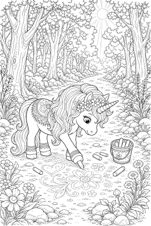 Kleines Einhorn malt mit Hufen viele feine Kreide-Motive auf dem Weg.