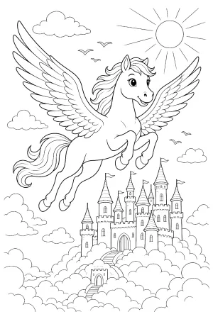 Ein Pegasus fliegt mit ausgebreiteten Flügeln über ein Schloss in den Wolken.