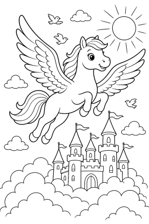 Ein großer Pegasus fliegt über ein einfaches Schloss aus Wolken.