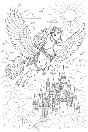 Ein Pegasus mit vielen Federn fliegt über ein detailliertes Schloss in den Wolken.