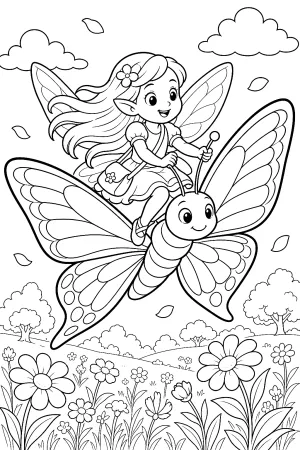 Elfe sitzt auf einem großen Schmetterling.