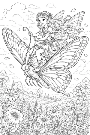 Elfe mit Kleidung und Schmuck reitet auf einem reich verzierten Schmetterling.