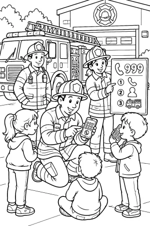 Feuerwehrleute üben mit mehreren Kindern ein ruhiges Notruf-Gespräch.