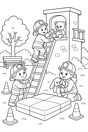 Feuerwehrteam übt mit Leiter und zwei Stofftieren im Übungspark.