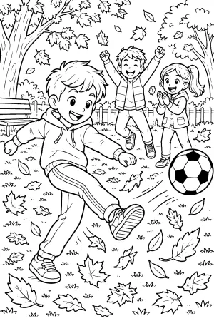 Kinder schießen Ball, viele Blätter wirbeln, Freunde jubeln.