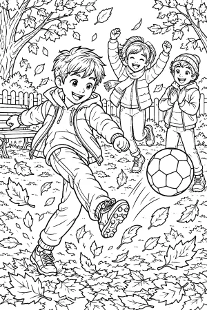 Kinder schießen Ball, zahlreiche feine Blätter fliegen umher.