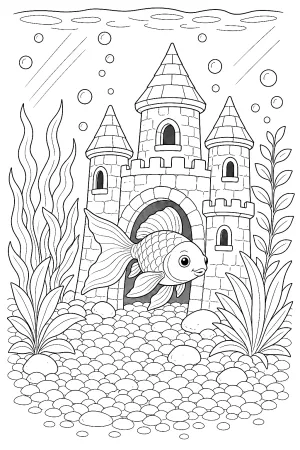 Goldfisch schwimmt durch ein Schloss zwischen Pflanzen und Kies.