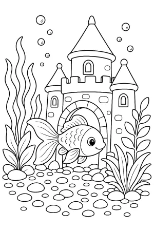Goldfisch schwimmt durch ein einfaches Schloss im Aquarium.