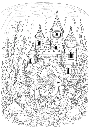 Fein gezeichneter Goldfisch schwimmt durch ein reich verziertes Schloss mit vielen Details.